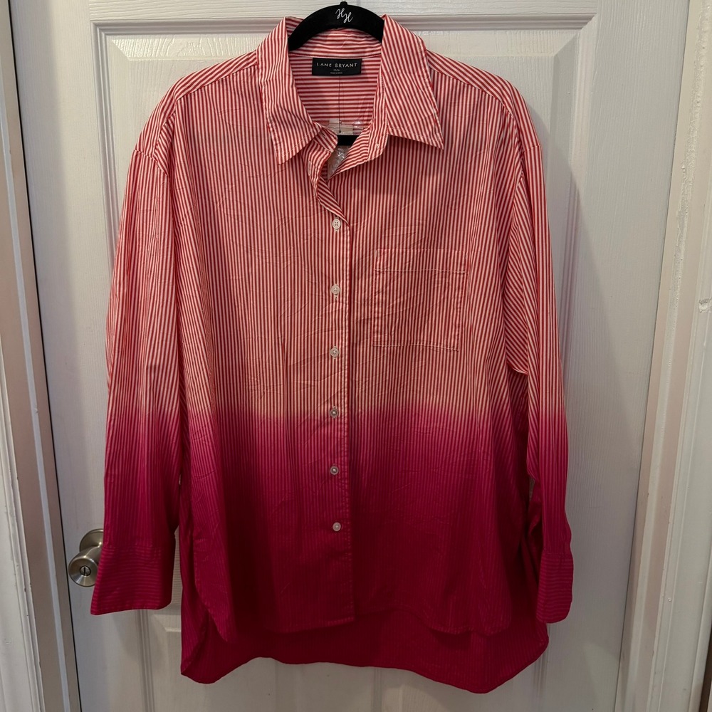 Lane Bryant NWT Women's Plus 14 16 Striped Ombre Button Up Shirt Tunic Red Pink